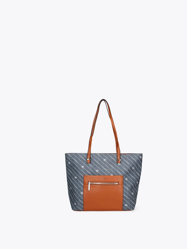 Casual Denim Tote Bag with Leather Front Pocket for Everyday Use