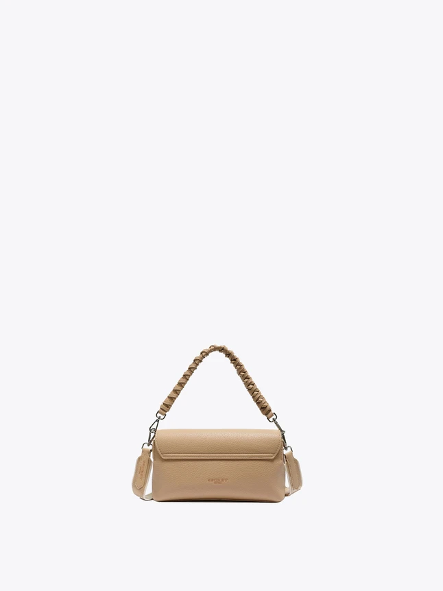 Versatile Grained Leather Flap Handbag With Ruched Top Handle