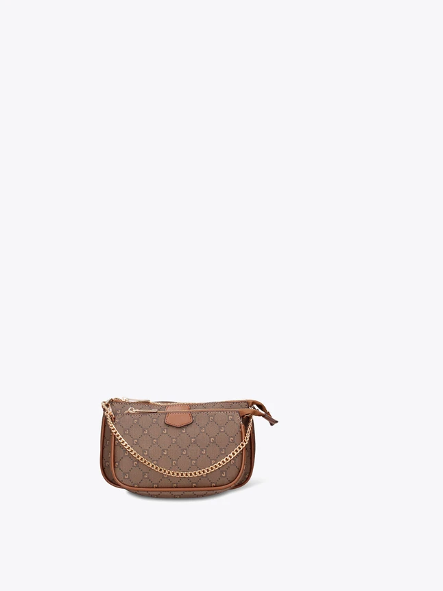 Chic Monogram Vegan Leather Crossbody Bag With Chain Detail For Daily Use