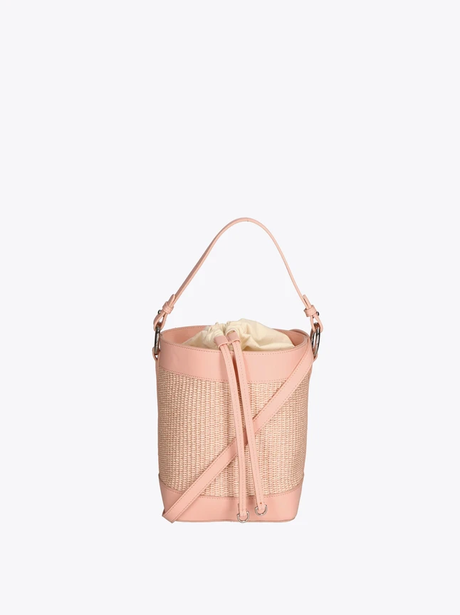 Woven Bucket Bag Leather Trim Drawstring Top Handle Crossbody for Everyday Use