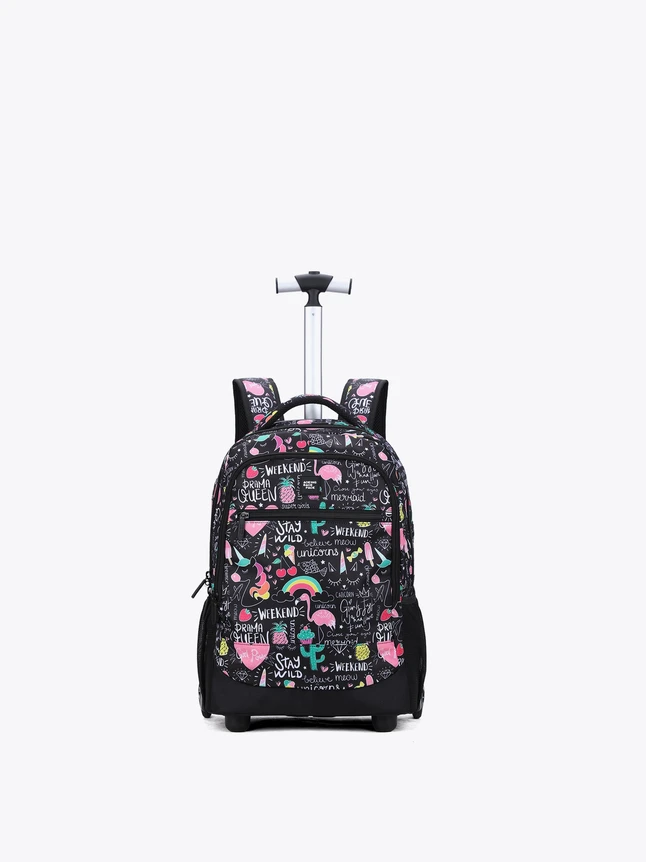 Playful Patterned Polyester Backpacks for School with Rolling Handle