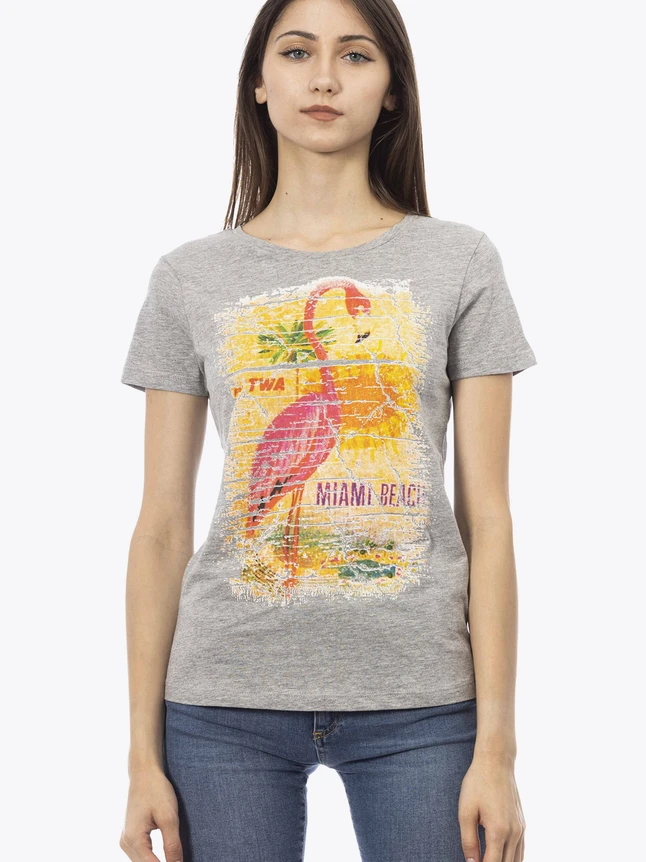 Graphic Cotton T Shirt Flamingo Print Miami Beach Inspired Casual Wear for Women