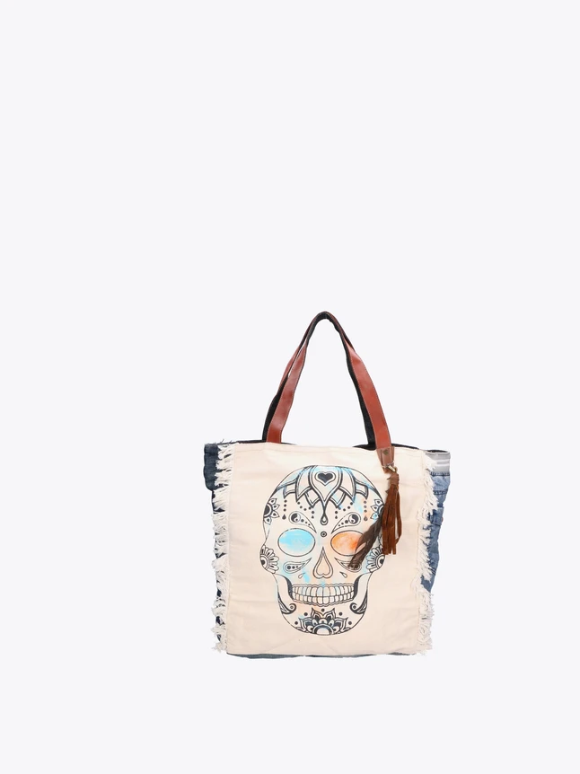 Fringed Skull Print Canvas Tote For Daily Use