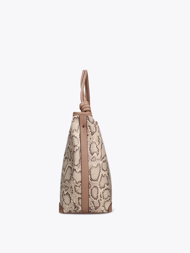 Exotic Python Embossed Leather Shoulder Bag Knotted Top Handle Luxe Carryall