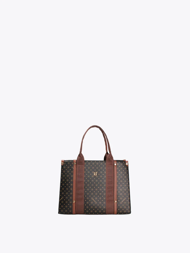 Luxury Monogram Coated Canvas Shoulder Tote Bag With Leather Trim