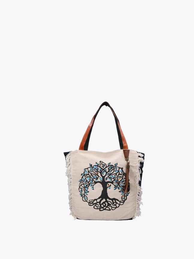 Boho Canvas Tote Bag with Tree of Life Print for Everyday Use