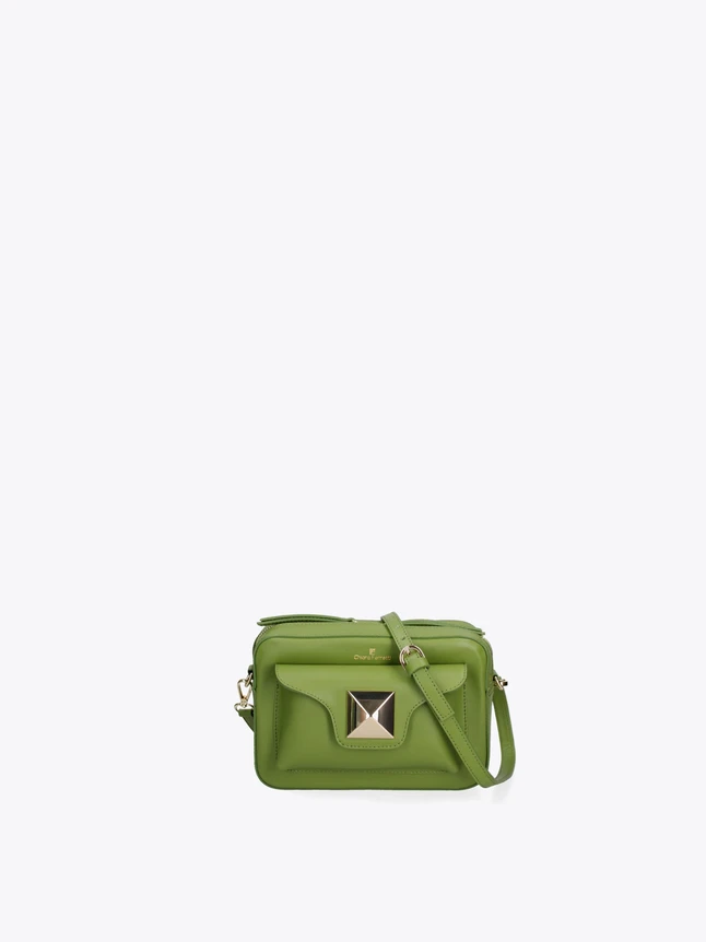 Leather Minimalist Crossbody Bag with Pyramid Stud Flap And Adjustable Strap