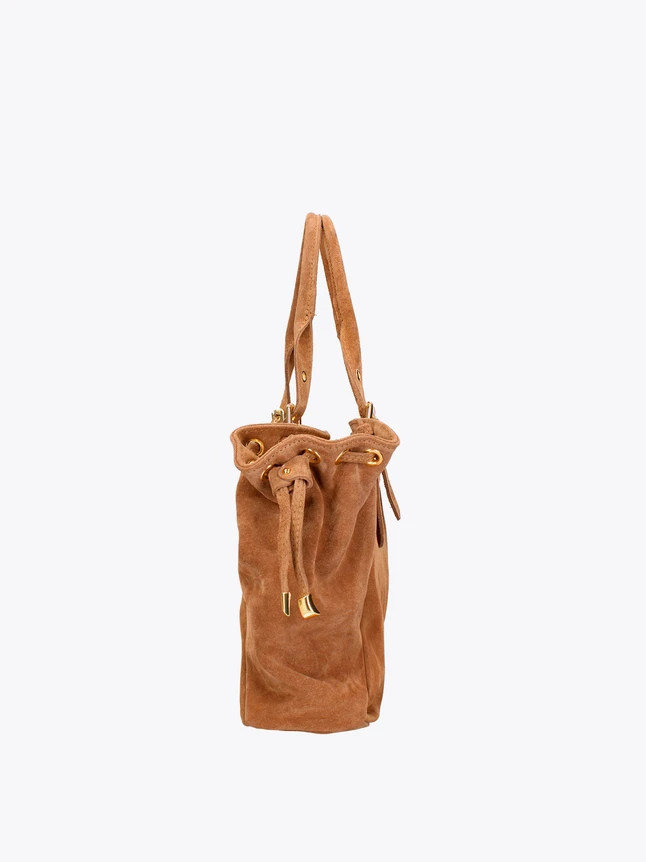 Luxury Suede Shoulder Bag with Drawstring Details for Chic Everyday Carry