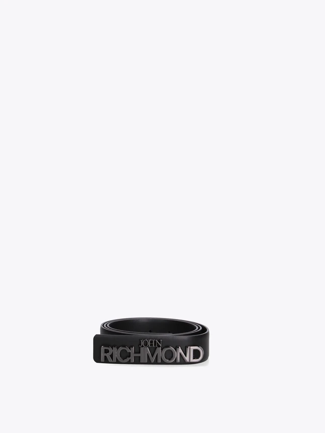 John Richmond Statement Logo Buckle Leather Belt Luxe Waist Accessory