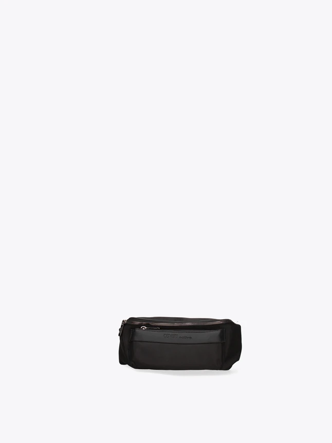 Sleek Fabric and Leather Belt Bag with Front Zip Pocket for Versatile Use