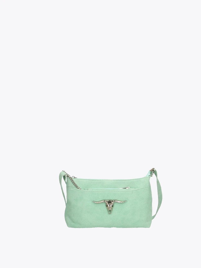 Minimalist Suede Shoulder Bag with Chain Strap And Horn Emblem for Daily Use