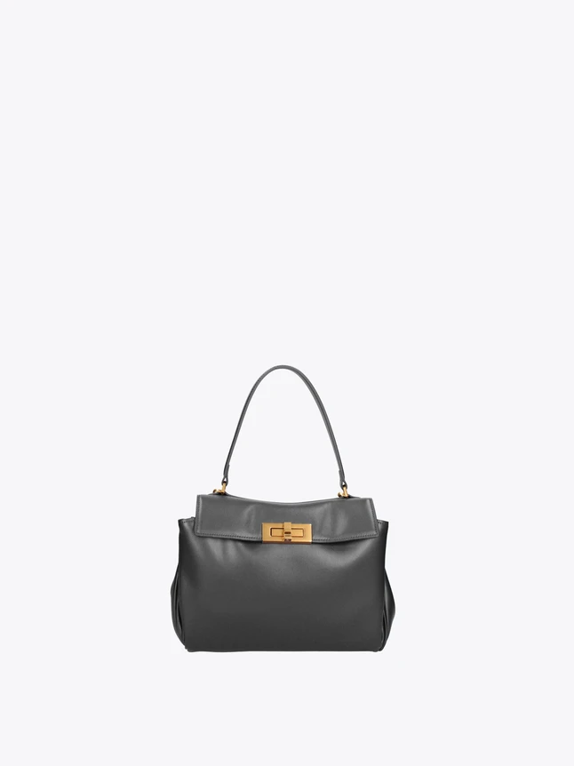 Classic Leather Top Handle Shoulder Bag With Turn Lock Fastening