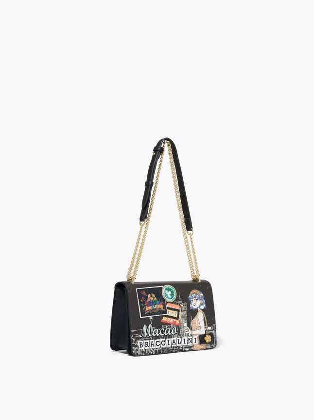 Luxury Graphic Print Leather Crossbody Bag With Chain Strap Travel Chic