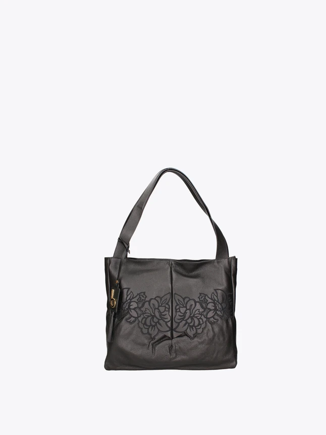 Leather Tote Bag with Embroidered Floral Motif for Everyday Use