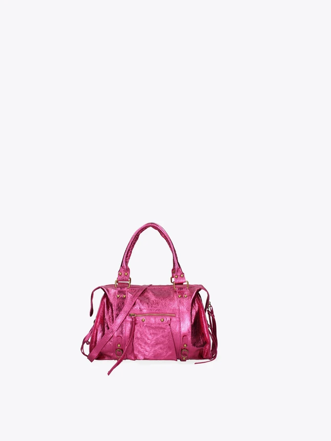 Metallic Leather Satchel Bag with Front Pockets for Everyday Use