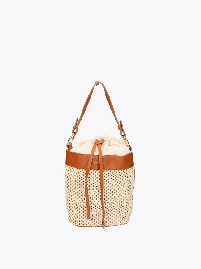 Woven Straw Bucket Bag Leather Trim with Drawstring Closure And Shoulder Strap