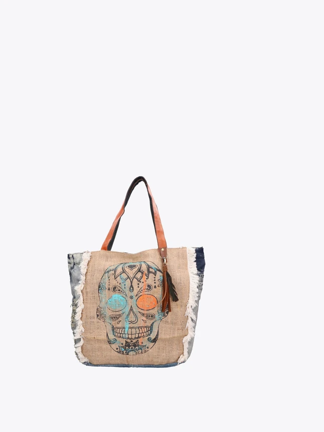 Boho Burlap Skull Tote Bag for Everyday Use