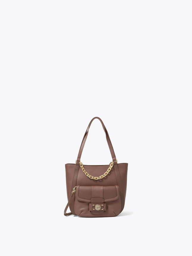 Versatile Leather Shoulder Tote With Chain Accent And Decorative Front Clasp