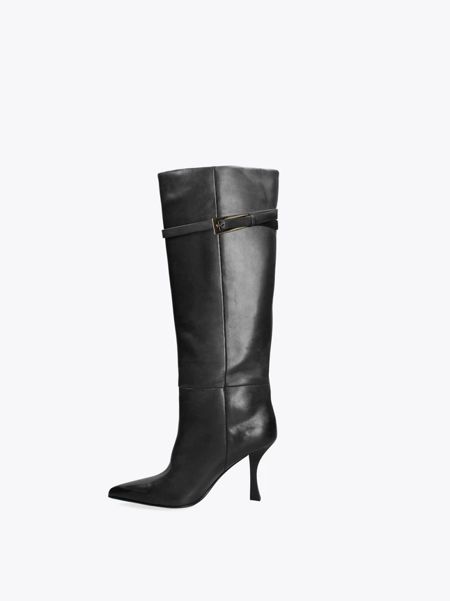 Luxe Leather Knee High Boots Pointed Toe Stiletto Heel And Strap Accent