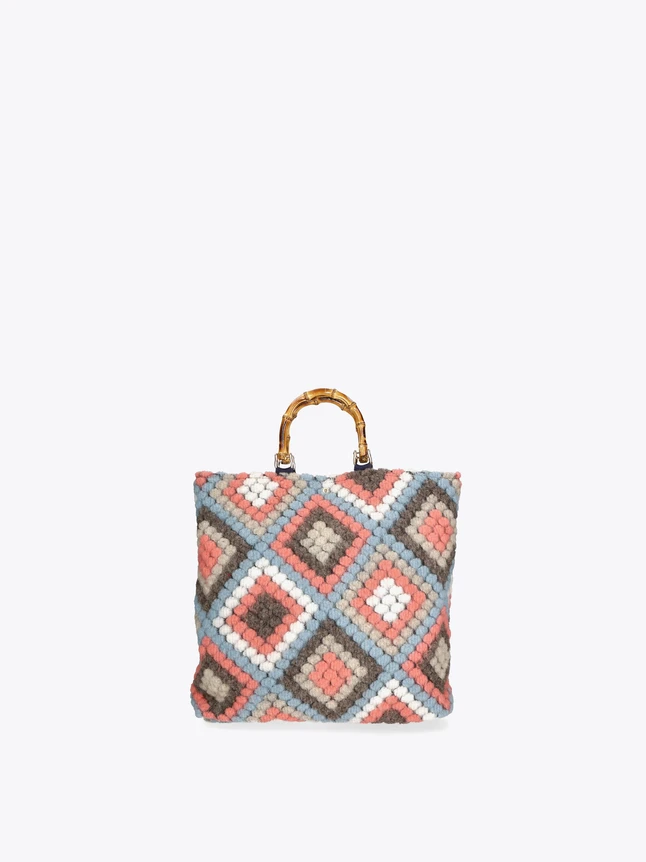 Boho Geometric Crochet Tote Bag with Bamboo Handle for Everyday Use