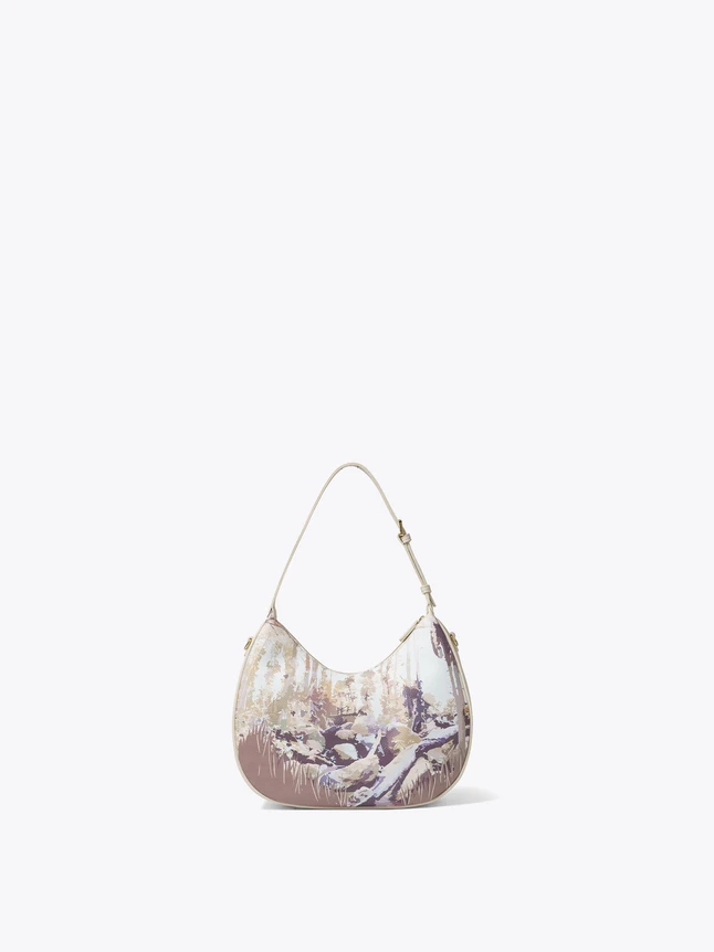 Artistic Print Canvas Crescent Shoulder Bag with Leather Trim for Versatile Daily Use