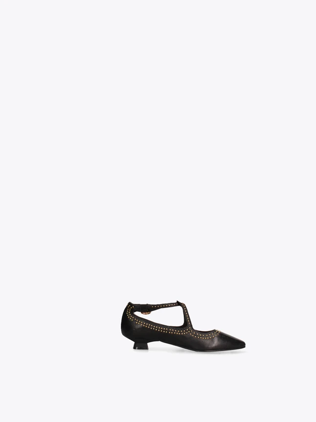 Premium Leather T Strap Mary Jane Pointed Toe Pumps with Stud Embellishment