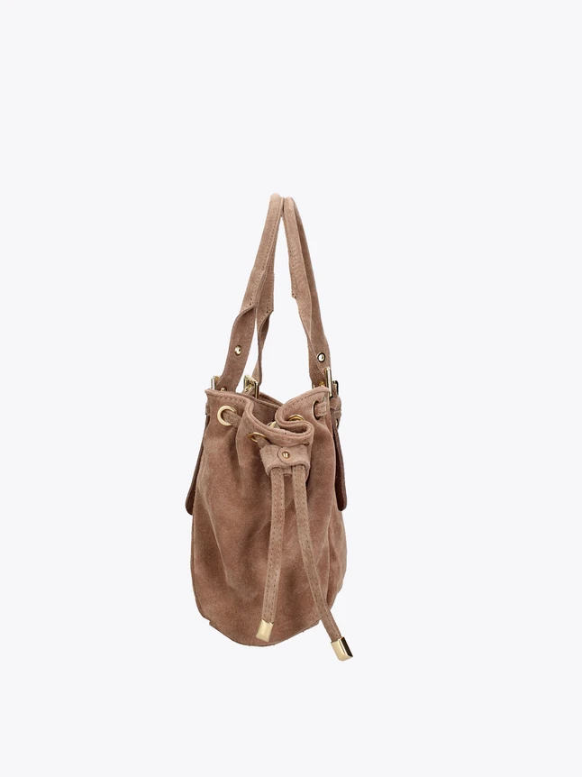 Supple Faux Suede Drawstring Handbag With Buckle Details For Versatile Style