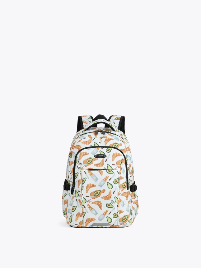 Whimsical Food Print Polyester Backpack for School with Multiple Pockets