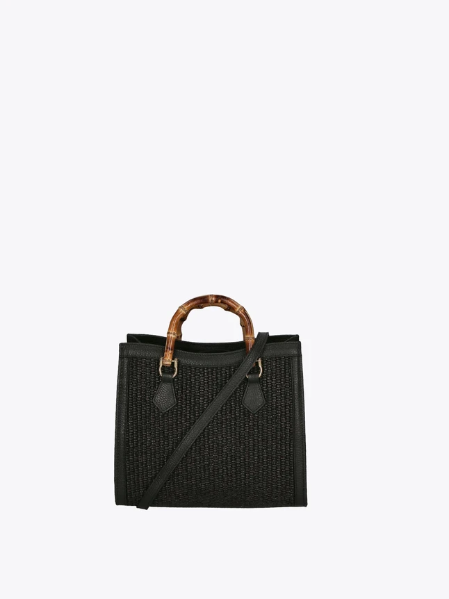Classic Woven Leather Handbag with Bamboo Handle And Crossbody Strap
