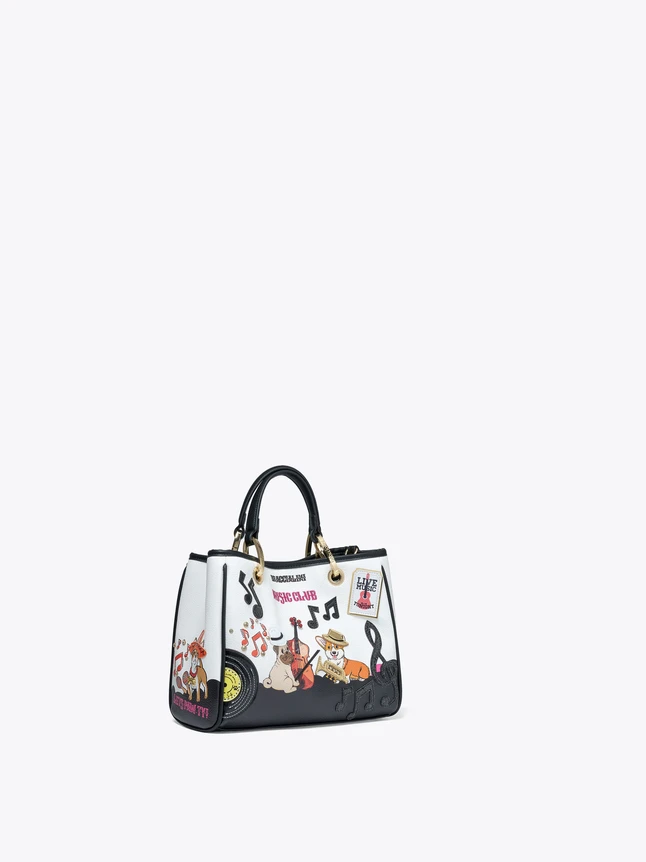 Whimsical Music Club Dog Motif Leather Top Handle Handbag