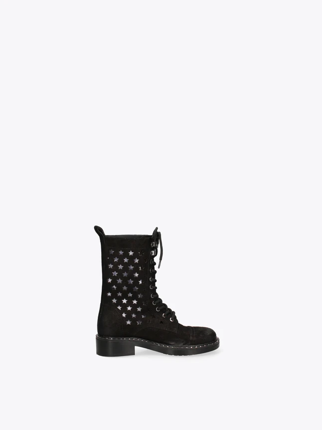 Lux Suede Mid Calf Boot With Star Perforations And Lace Up Detail