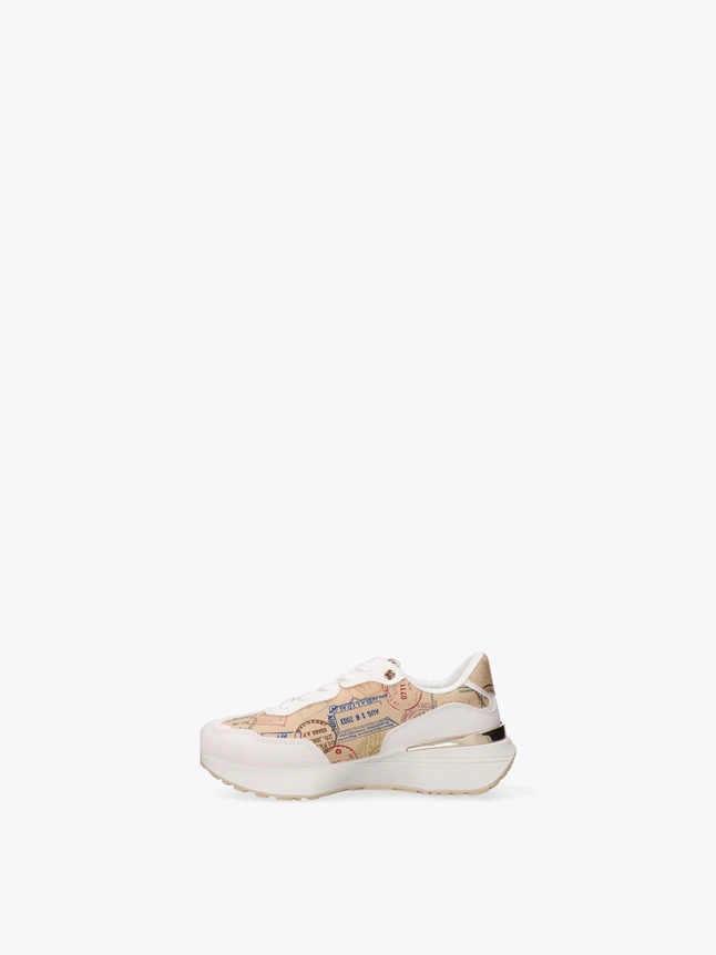 Luxe Platform Sneakers with Passport Stamp Print And Metallic Heel Accent