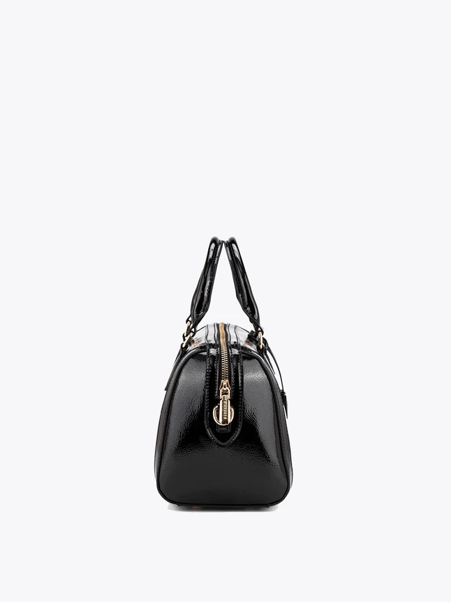 Chic Patent Leather Bowler Bag with Gold Tone Zipper and Top Carry Handles